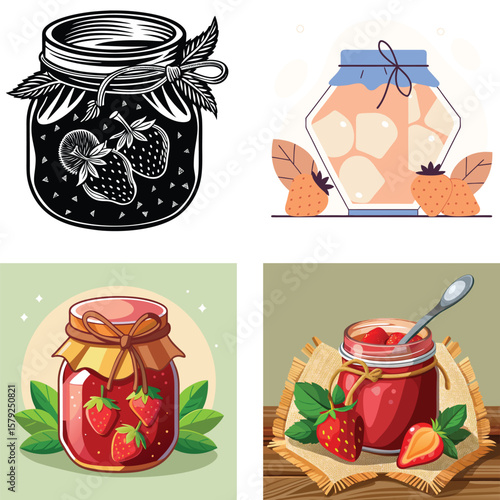 Four artistic illustrations of strawberry jam jars with fresh fruit and leaves