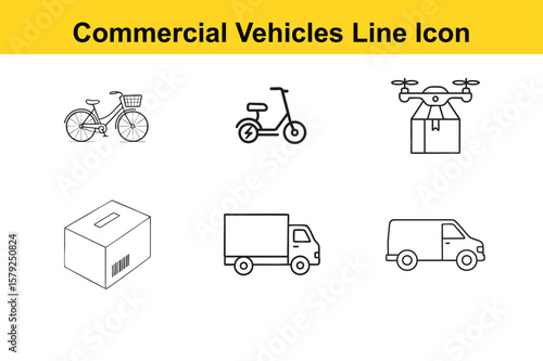 Commercial Vehicles Line Icon Set Featuring a Bicycle Scooter Drone Box Truck and Van