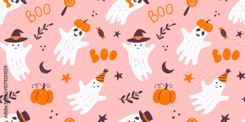 Halloween Cute Girly Ghost Pink Seamless Pattern