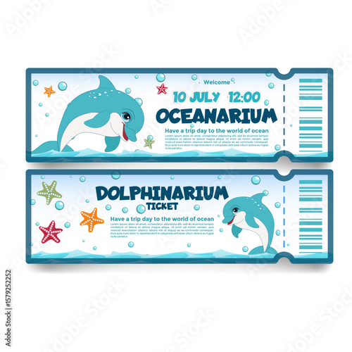 Adorable dolphin-themed tickets for an oceanarium and dolphinarium event. Features a playful dolphin, starfish, and ocean bubbles.