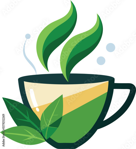 Sparkling Beverage Aromatic Green Tea in a Stylish Cup, Fresh Leaves and Steam, Herbal Beverage Illustration
