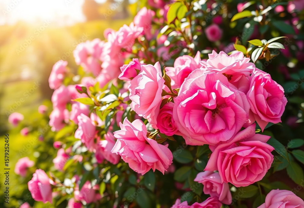 Lush pink rose bush in full bloom, vibrant summer sunlight, nature, flora Lush pink rose bush in full bloom, vibrant summer sunlight, nature, flora
