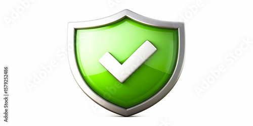 Green Shield Icon. A Glossy Green Shield Featuring a White Checkmark Symbolizes Security.