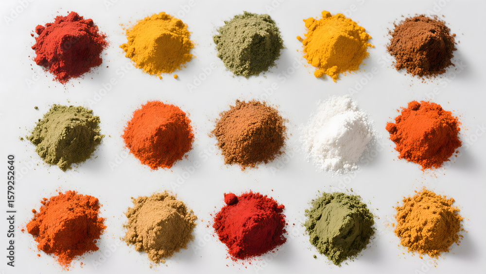 Obraz premium Collection of colorful spice powders arranged in a circle or grid pattern, isolated on white background