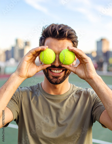 Smilling man holding padel tennis balls in front of his eyes