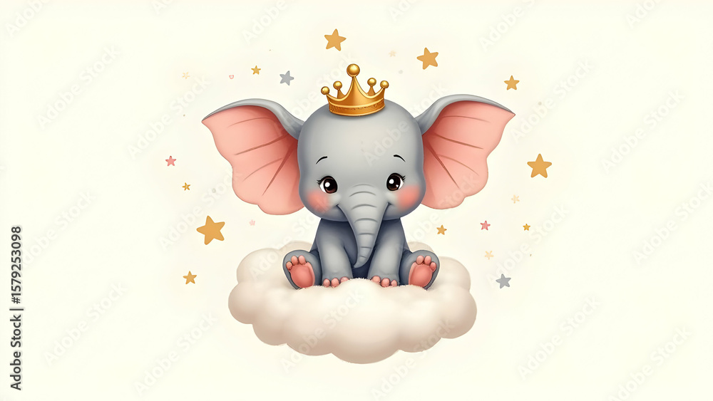 Fototapeta premium An Adorable Cartoon Baby Elephant Wearing a Golden Crown, Sitting Happily on a Fluffy White Cloud Amidst Sparkling Stars in a Soft Blue Sky.