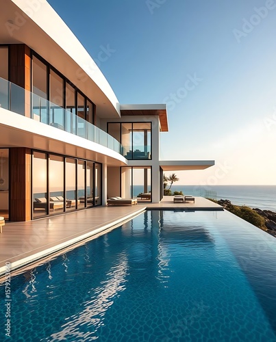 Contemporary seaside villa with infinity pool and ocean view at sunset