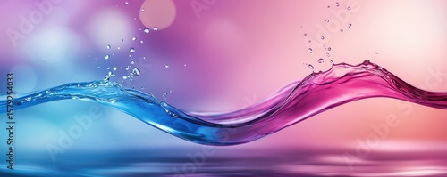 A dynamic, colorful splash of blue and pink water intertwines mid-air against a soft, gradient background, creating a fluid and vibrant visual contrast.