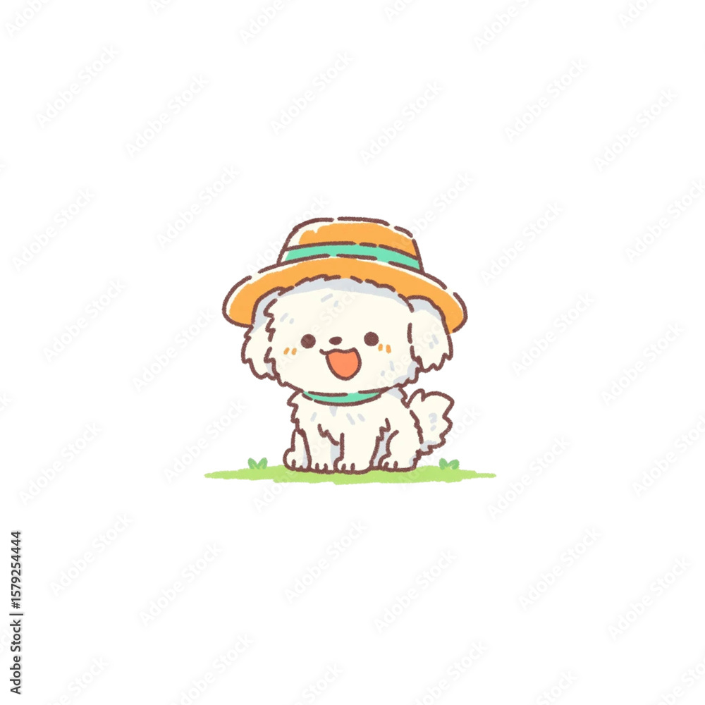 Naklejka premium デフォルメ、帽子を被った可愛い犬のイラスト、背景なし、素材、アイコン