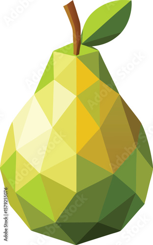 Sparkling Beverage Geometric Low Poly Pear Illustration, Green and Yellow Tones, Modern Fruit Design, Vector Graphic