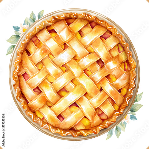 Vector illustration of apple pie top view with golden crust and flower decoration on white background. 
Vector illustration of autumn dessert on white background