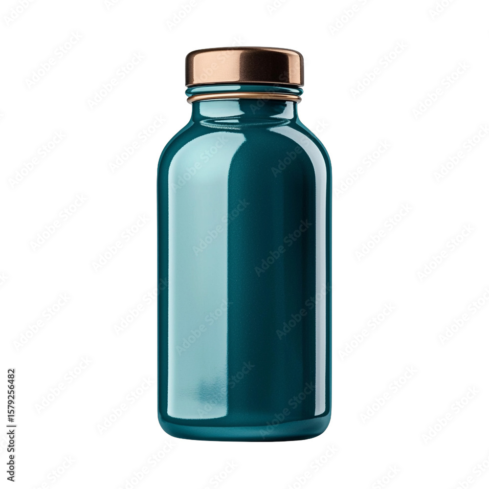 Elegant teal glass bottle with metallic cap Elegant teal glass bottle with metallic cap