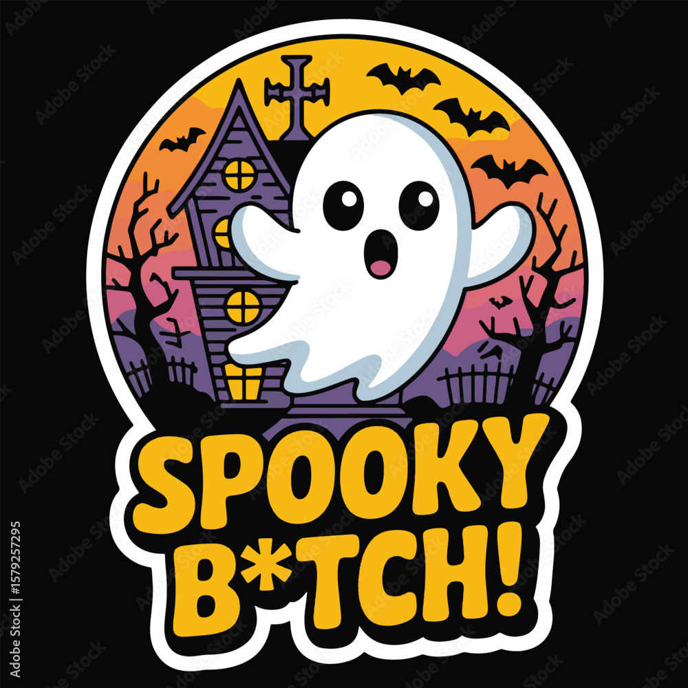 Fototapeta premium Cute Halloween Ghost with Moon and Bats Vector