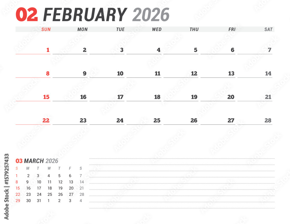 February 2026 Monthly Calendar Template for Planning and Organization improves team workflow and daily task tracking with clear minimalist layout. Week starts on Sunday. vector illustration February 2026 Monthly Calendar Template for Planning and Organization improves team workflow and daily task tracking with clear minimalist layout. Week starts on Sunday. vector illustration