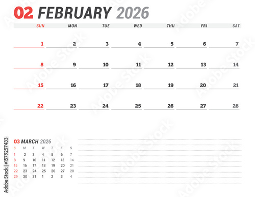 February 2026 Monthly Calendar Template for Planning and Organization improves team workflow and daily task tracking with clear minimalist layout. Week starts on Sunday. vector illustration