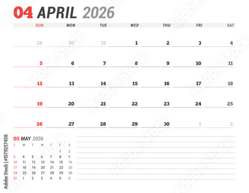 April 2026 Monthly Calendar Template for Planning and Organization helps structure workweek agendas using minimalist grid layout. Week starts on Sunday. Great for daily productivity
