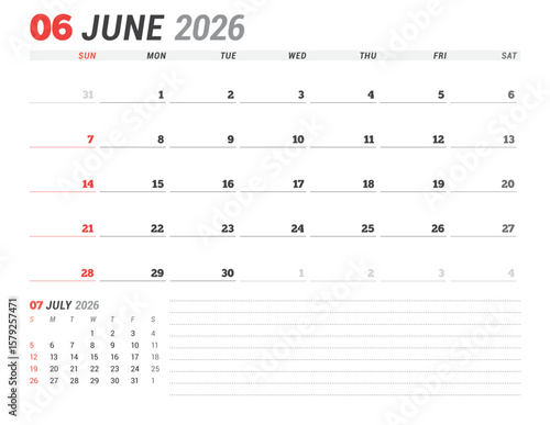 June 2026 Monthly Calendar Template for Planning and Organization simplifies weekly organization with structured lines and clear layout. Week starts on Sunday. vector illustration