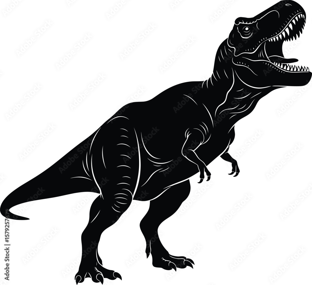 Fototapeta premium Prehistoric Predator: A menacing Tyrannosaurus Rex, silhouetted in striking black against a clean background, captures the raw power and primal essence of a legendary dinosaur.