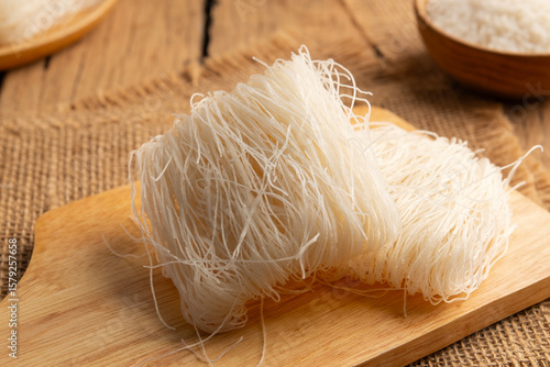 Thai died Rice Vermicelli on wood board,Uncooked