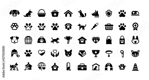 Pet and Service Animal Glyph Icon Set – Black Silhouette Vector Pictograms of Dog, Cat, Paw Print, Pet Carrier, Veterinary Care, Adoption, and Animal Training
