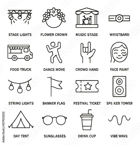 Festival icon collection, vibrant celebration symbols. event and party theme set