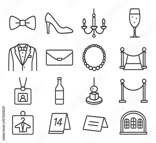 Gala essentials collection, event party icons. celebration and festivity symbol set