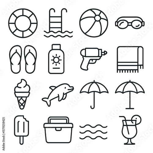 Pool party essentials collection, beach and swimming icons. summer fun and relaxation set