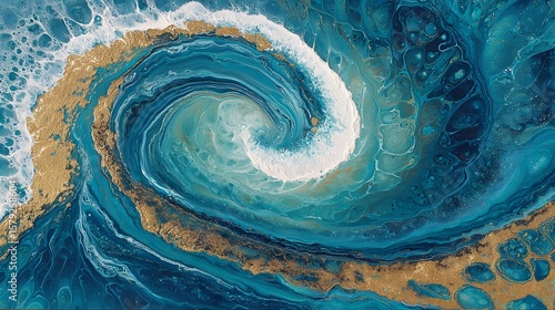 Beautiful swirling blue and gold abstract art, reminiscent of crashing ocean waves with luxurious, shimmering detail.