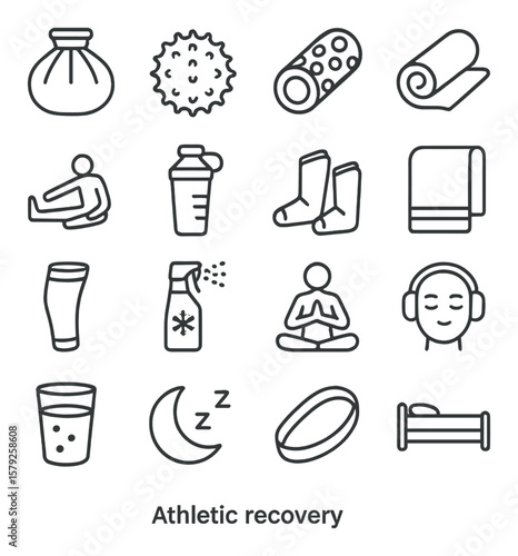 Athletic recovery collection, wellness and fitness symbols. health rejuvenation icons set