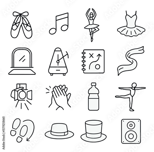Dance studio collection, ballet and choreography icons. dance practice essentials set