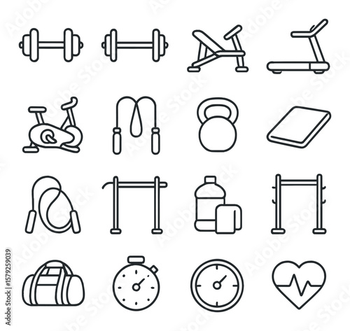 Gym equipment collection, fitness symbols. workout and exercise gear icons set