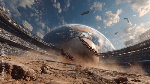 An otherworldly baseball stadium features a large planet and spaceships in the sky above an excited crowd