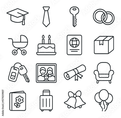Life milestones icon collection: key life events, memorable family moments set