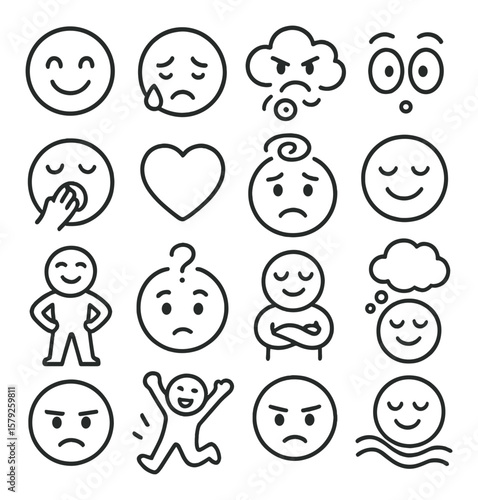 Daily emotion icon collection, emotive expressions set. mood and feeling symbols pack