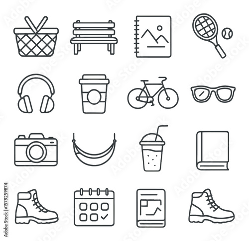 Weekend leisure icon collection, relaxation and recreation symbols for effortless design