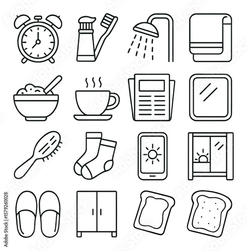 Morning routine icon collection, simple daily activity symbols. clean and basic set