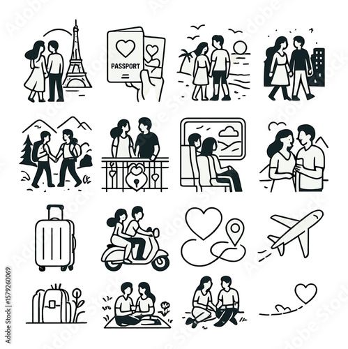 Romantic travel icon collection for love trips, honeymoon symbols. couple adventure set