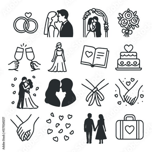 Romantic wedding icon collection, simple marriage symbols. bridal and love theme set