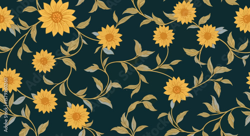Ornate Sunflower Pattern on Deep Teal Background.