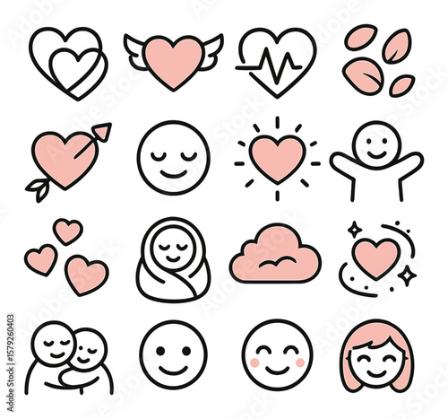 Symbols of affection collection, love and emotion icons. heartfelt and caring designs