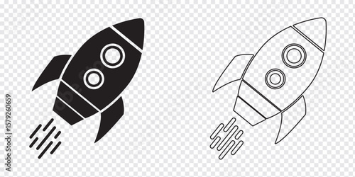 Rocket icons set. Space ship launch icon collection. Space rocket launch with fire. Black and White Rocket icon Vector illustration.