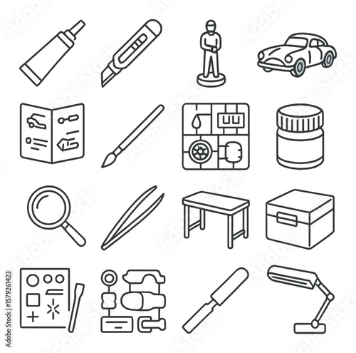 Model building collection, hobbyist design essentials. crafting and diy icon set