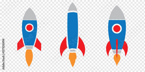 Rocket set icon. Colorful Rocket launched icon vector Illustration Icon High Quality. Blue, Red and Orange colors Rocket icon. Eps 10