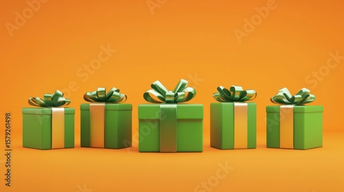 Festive green gift boxes with metallic ribbons arrayed on vibrant orange backdrop