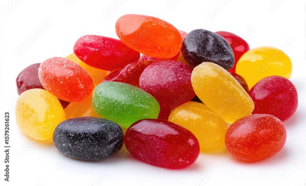 A vibrant pile of oval-shaped, translucent hard candies in assorted colors, glistening with a sugary texture, rests on a stark white background A vibrant pile of oval-shaped, translucent hard candies in assorted colors, glistening with a sugary texture, rests on a stark white background