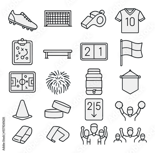 Soccer essentials collection, football and sports icons. game day equipment and accessories set