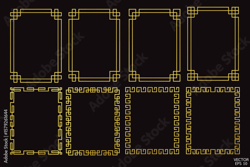 Simple golden geometric frames are isolated on black background. Luxury gold borders for invitations, luxury templates, and decorative patterns. Chinese border design.