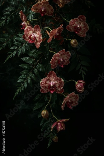 Close up of orchid flowers with red and white petals and green leaves on a dark background