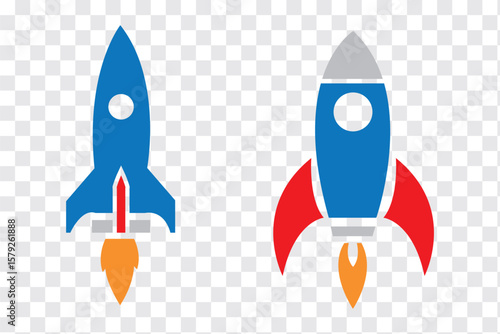 Rocket icons set. Colorful Rocket launched concept. Space rocket launch with fire. High quality Blue, Red and Orange colors Rocket icon. Vector Illustration. 