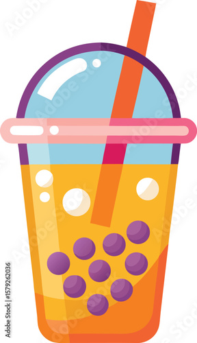 Fresh Produce Basket Collections Refreshing Orange Bubble Tea with Tapioca Pearls in a Plastic Cup with Straw, Summer Drink...